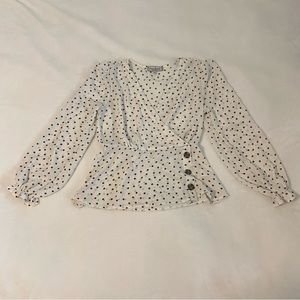 Women's Crave Fame White Brown Polka Dot Faux Wrap Blouse Size Small